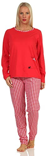 Damen Langarm Schlafanzug Pyjama mit süssen Katzen Motiv und Karierter Jersey Hose, Farbe:rot, Größe:36-38