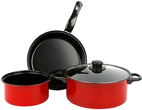 Nonstick Pots and Pans Set Eco Friendly, Cookware Sets Pots and Pans 3 pcs, Chemical-Free Induction Cooking Kitchen Set with Lids, Induction Compatible, Milk pan, Frying Pan, Stockpot (Red)