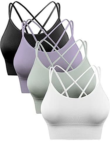 Sykooria Sport BH Damen Gepolstert Bustier Damen BH ohne Buegel Spaghettiträger Cross Back Design Push up BH Sport Bra Top für Yoga Fitness, Schwarz+Violett+Grün+Weiß, S