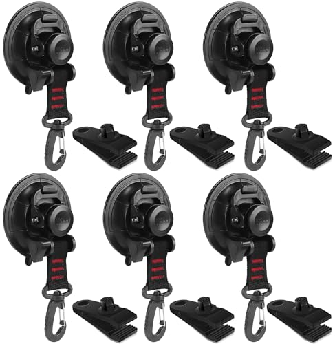 Vashly Heavy Duty Suction Cup 6Pcs Strong Suction Cups with Hooks and 6Pcs Tarp Clips Deavy Duty Lock Grip for Car Awning Boat Camping Trap Tie Down