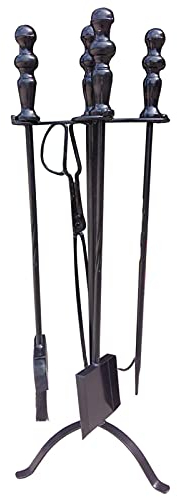 Set di Strumenti per Camino a 5 Pezzi per Interni ed Esterni, Kit Compagno per braciere: Poker, pinze, Paletta per Polvere, Spazzola - Nero Opaco