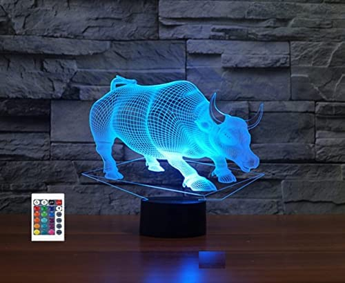 SUPERRUIDALONG 3D Bull Lamp Remote Control 16 Color Night Lights Illusion Acryl LED Table Bedside Lamp Children Bedroom Desk Decor Birthday Cute Toy for Kids Adult