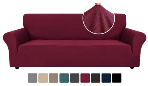 Ystyle Stretch Sofa überzug 3 Sitzer, Elastisch Sofabezug Mit Armlehnen, Jacquard Couch überzug rutschfest, Waschbar Sofa Cover Protector Für Hunde Haustiere, Weinrot