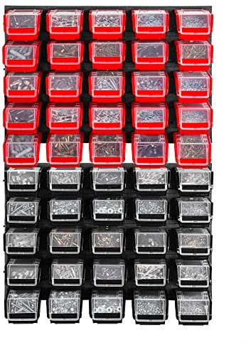 KADAX Estantería de Pared para Taller, 58 x 78 cm, Sistema de Almacenamiento de plástico Resistente, Resistente a los Rayos UV, Paneles de Pared ampliables, estantería (Negro y Rojo, 50 Piezas)