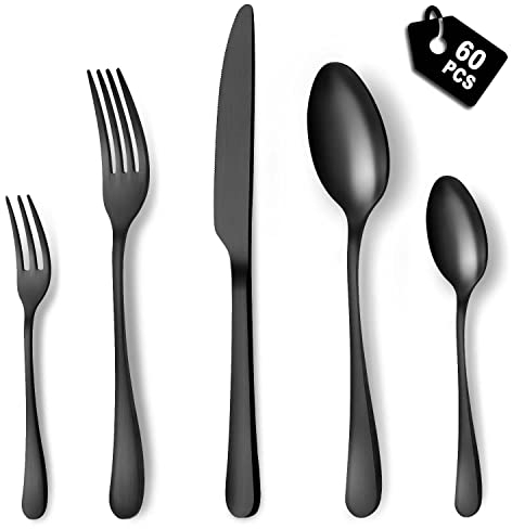 BEWOS Besteck Set für 12 Personen, 60 teilig Schwarz Mattiert Essbesteck Set inkl. Messer, Gabel, Löffel, Besteck Edelstahl, Spülmaschinenfest