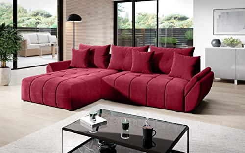 Vigo Velvet Monolith Ecksofa in L-Form 280 cm x 190 cm - Schlafsofa mit Bettkasten - Couch mit Stauraum und Kissen - Sofa mit Schlaffunktion - Ausziehbares Schlafsofa - Farbe: Rot (M-59)