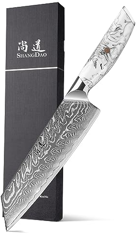 SHANGDAO Coltello Kiritsuke da 20 cm, coltello da cucina in acciaio di Damasco forgiato giapponese con inchiostro e manico in resina lavata