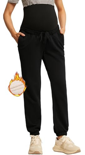 Maacie Umstandshosen Winter Sweatpants Elastische Hosen Dünne Lindenhosen Jogger für Alltag Schwarz M