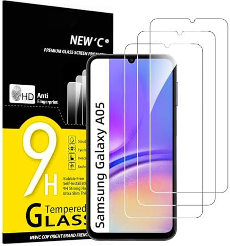 NEW'C 3 Piezas, Protector Pantalla para Samsung Galaxy A07 2025, Galaxy A05, A05s, Cristal templado Antiarañazos, Antihuellas, Sin Burbujas, Dureza 9H, 0.33 mm Ultra Transparente, Ultra Resistente