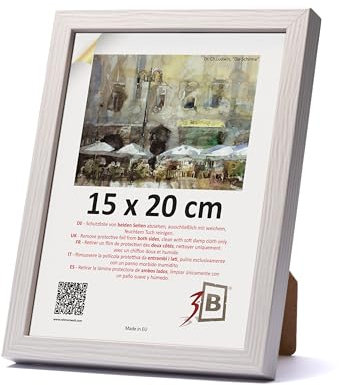 3-B Bilderrahmen MEGA - Weiß mit optischer Holzmaserung - 15x20 cm - Holzrahmen, Fotorahmen, Portraitrahmen mit Acrylglas