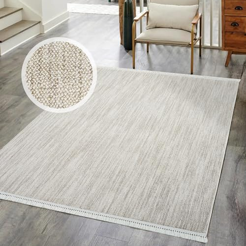carpet city Kurzflor Teppich Wohnzimmer Taupe - 200x290 cm - Einfarbig, Meliert - Fransen-Teppiche Modern, Boho für Schlafzimmer, Esszimmer