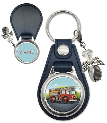 Feuerwehr Personalisierter Schlüsselanhänger aus Kunstleder mit Schutzengel | Wunschtext wie Name mit Schriftartwahl | Einschulungsgeschenk | Glücksbringer | Anhänger (Feuerwehr)