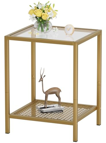 SAYGOER Beistelltisch aus Glas, klein, goldfarben, für engen Raum, 2-stöckig, quadratisch, Nachttisch mit Stauraum, 33,8 x 30 x 50 cm, moderner Nachttisch mit Metallrahmen, für Schlafzimmer,