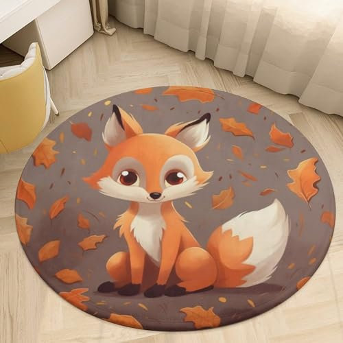 NTVOWPZO Runder Teppich für Wohnzimmer, Esszimmertisch, rutschfeste Bodenmatte, Fuchs, Teppich für Schlafzimmer, Büro, Badezimmer, 90 x 90 cm, Modern, Abstrakt, Blue, Yellow, Beige, Orange