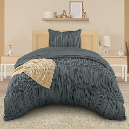 Utopia Bedding Bettwäsche Rüschen Set 135x200 2 Teilig - Mikrofaser Polyester Geraffte Bettbezug 135x200 cm + 1 Kopfkissenbezug 80x80 cm (Grau)