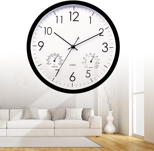 Gartenuhr Wetterfest Outdoor, Geräuschlos Außenuhren Wasserdicht Mit Temperatur, Außenuhren Wetterfest Mit Thermometer und Hygrometer, Wetterfest Für Drinnen Und Draußen (Schwarz)