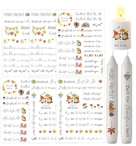 ALLAVA 6 Blatt Kerzentattoos Herbst, Herbst Kerzen, Rub On Sticker Herbst, Herbst Dekoration, Sticker Herbstdeko für Kinder zum Basteln, DIY Kerzen Geschenk, Kerzen Dekorieren (19x14, Herbst D)