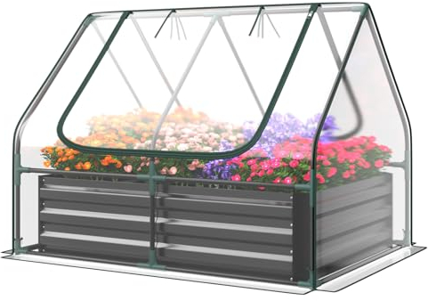 RELAX4LIFE 3 in 1 Gewächshaus mit Frühbeet, Winter Foliengewächshaus mit Pflanzkasten, Treibhaus mit 2 Fenstern zum Aufrollen & Metallrahmen, Blumenbeet für Blumen Kräuter (129 x 97 x 96 cm)