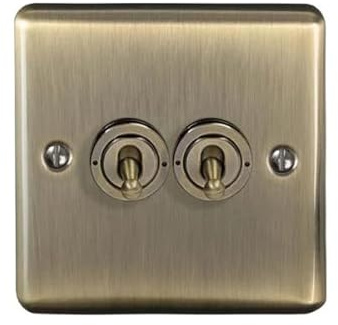 Antique Brass 2 Gang Toggle Switch, 10A, 2 Way, Round Edge, W35AB
