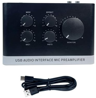 USB Soundschnittstelle, Professioneller 2X2 Mixer mit 48 V Stromversorgung, 2 IN 2 OUT, XLR 1/4 Zoll Mikrofonvorverstärker, Hohe Auflösung 24 Bit/192 KHz, Echtzeitüberwachung,