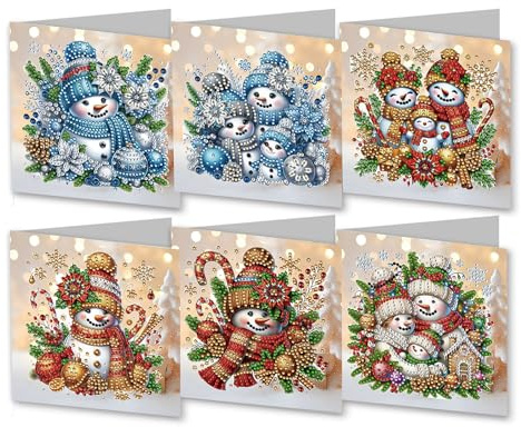 6 Stück Weihnachtskarten, Schneemänner, Diamant-Kunst-Weihnachtskarten, DIY-Diamant-Malerei-Weihnachtskarten mit Diamant-Malwerkzeugen und Umschlägen, manuelle Weihnachtsgrußkarten für Festival,