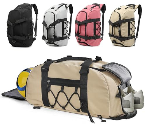 Outplea Bolsa Deporte Fitness con Compartimento Función para Zapatos y Futbol, Bolso de Gimnasio Separada Seco y Humedo, 30L Travel Duffle Bag para Viaje Gimnasio Natacion Mujer y Hombre, Caqui