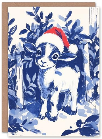 Artery8 Cute Baby Lamb With Santa Hat Blue Blank For Him Or Her Art Xmas Festive Christmas Card