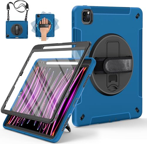 Miesherk Case for iPad Pro 12.9 Inch: Military Grade 3-Layer Full Body Protective Cover for iPad Pro 12.9 6th/5th/4th/3rd Generation-Screen Protector-Pen Holder-Rotating Stand-Hand/Shoulder Strap-Blue