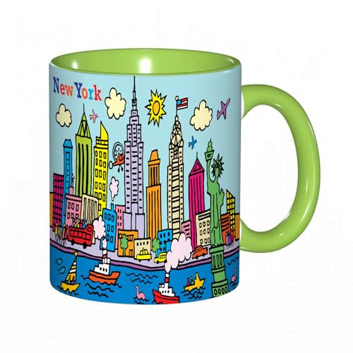 EKLMPS Becher aus Keramik, Ideal als Geschenk, Hochwertiger Aufdruck, Tasse mit Motiv, Tee Becher, Coffee Cup, 330ml,Spielzimmerdeko, New York City im Cartoon-Stil