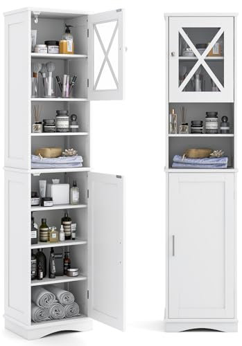 COSTWAY Armoire de Salle de Bain de 170 cm de Haute, Meuble de Rangement, Colonne, 5 Étagères Réglables, Placards à Porte, 2 Compartiments, Gain de Place, 30 x 40 x 170 cm, Blanc