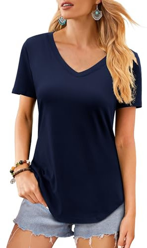 Elesomo Womens T Shirts Short Sleeve Tshirts V Neck Cotton Tees Summer Tunic Tops, Navy XL
