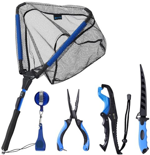 Sougayilang Fishing 6Pcs Tool Sets with Resistant Pliers, Fishing Gripper, Fillet Knife, Floating Net,Line Cutter and Anti-Lost Rope for Freshwater Present for Anglers