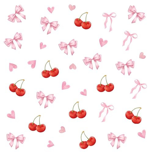 Wasise Bow Room Decor - Bow Decor Bedroom, Pink Wallpaper, Wall Stickers for Girls Room, Cute Cherry Wallpaper, Bathroom Nursery Wall Decal, Pink Love Heart Decorations, Peel and Stick Wallpapers