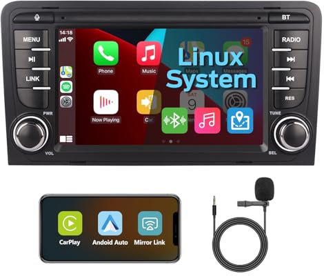 KTTCORLP Reproductor de Radio con Pantalla para Audi A3 2003–2012, S3 2006–2012, RS3 2011–2012 con Apple CarPlay, Android Auto, Bluetooth/FM/Am/USB/Equalizador (EQ) y Pantalla Táctil de 7 Pulgadas