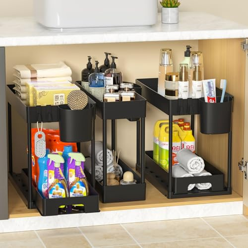 Cinnani Lot de 3 Rangement sous Évier Cuisine,Organisateur sous Evier à 2 Étages avec Tiroir Coulissant,Étagère sous Évier avec 4 Crochets,1 Suspendu,Multifonctionnelle pour Cuisine,Buanderie