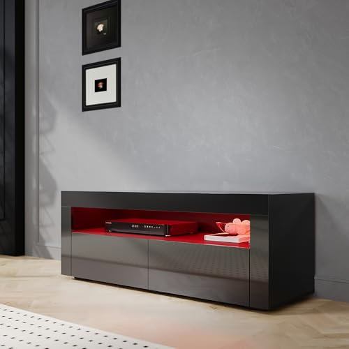 SIRHONA - Mueble de TV negro, mueble Tele con LED, iluminación LED RGB con color ajustable, 2 armarios con puertas, 120 x 40 x 45 cm, adecuado para salón o dormitorio