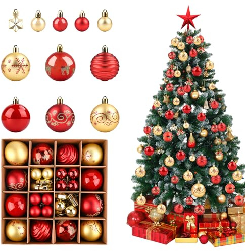 Juego de 44 Bolas de Navidad Rojas y Doradas, Bolas de Navidad de 6cm/3cm, Decoración de Bola de Navidad Inastillable Plástico, Adornos Arbol Navidad para Adornos Navidad (Rojo Dorado)