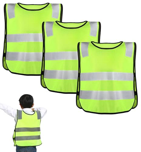 3 Stück Kinder Sicherheitsweste Neongelb 3-6 Jahre, 360° Reflektierende Warnweste mit Breiten Reflexstreifen, Leichtgewicht Atmungsaktive Warnweste für Kindergarten, Schulweg und Outdoor Aktivitäten