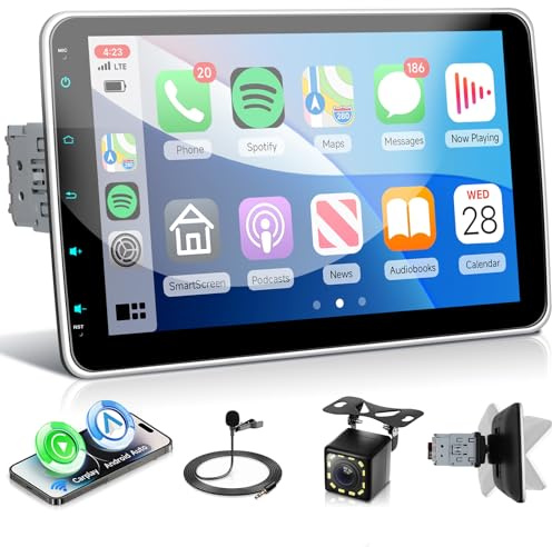 VECHTEL Autoradio 1 Din mit Drahtlos Carplay Android Auto, 10'' HD IPS Touchscreen Autoradio mit Manueller Drehfunktion, Unterstützung Bluetooth 5.2 Link Spiegeln FM/RDS Radio USB/Typ-C Rückfahrkamera