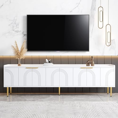 QXJVA TV-Schrank Weiß Gold 170 cm Lowboard für Fernseher bis 75 Zoll mit 3D Wellen Front & Kabelmanagement Sideboard TV-Möbel auf Metallfüßen Unterschrank Modern für Wohnzimmer