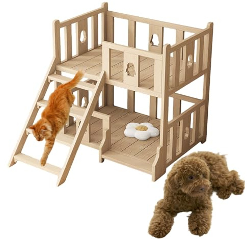 Blazea Hunde Etagenbett Platzsparendes Haustier-Etagenbett mit Treppe, Katzen- und Hundebett für drinnen, 2-stöckiges aus Holz, Katzen-Etagenbett (erhöht)(S)