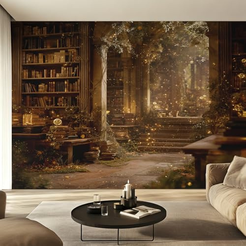 Bookshelf Photo Wallpaper for Bedroom, Fantasy Tree Wall Mural for Living Room, Dark Brown Wallpaper 400x280 Nonwoven Wall Paper Home Decor W32