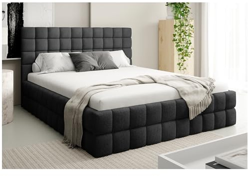 MEBLINI Andrea Polsterbett 180x200 mit Stauraum - Matratze, Lattenrost und Bettkasten - Kopfteil Bett mit Stauraum - Doppelbett - Stauraumbett - Betten - 180x200 - Schwarz Boucle/H3