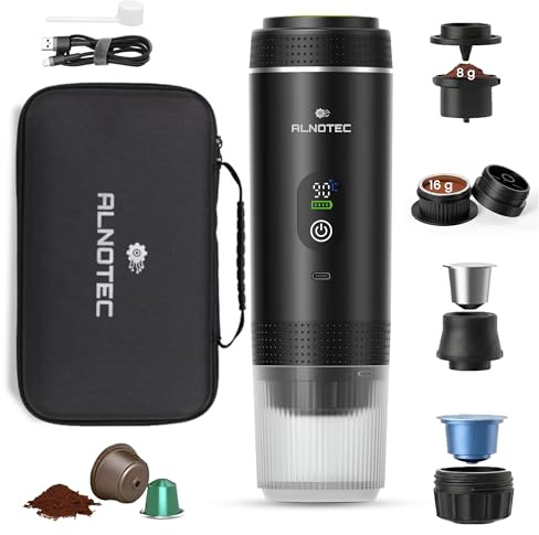 ALNOTEC Tragbare Kaffeemaschine, elektrisch, 20 bar, selbstheizend, 3 in 1, kompatibel mit NES®, DG® und gemahlenem Kaffee, 2 Adapter für gemahlenen Kaffee, 8 g und 16 g, LED, USB-C