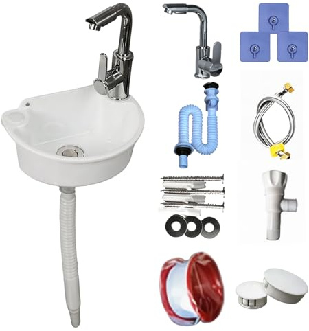 Lavabo da Parete in Plastica con Rubinetto Miscelatore, Set Completo con Tubi di Scarico e Alimentazione Lavandino Compatto per Bagno Giardino e Campeggio (Bianco)