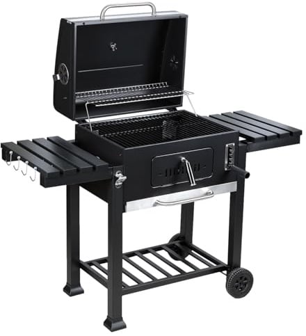 Monucep Holzkohlegrill mit Deckel & Thermometer – Grillwagen mit verstellbarer Kohlewanne, 2 klappbaren Ablagen & Warmhalterost – Ideal für Garten, Terrasse & entspannte BBQ Abende