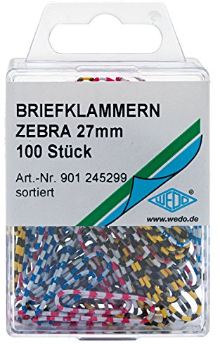 Wedo 901245299 Büroklammern Zebra Metall (mit gestreiftem Kunststoffüberzug, 27 mm, 100 Stück, farbig sortiert
