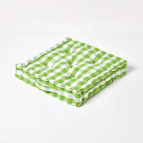HOMESCAPES Green and White Gingham Floor Cushion Block Check Pattern 100% Cotton Cushion Pad Large 50 x 50 x 10cm Square Outdoor Garden Cushion or Indoor Dining Chair Booster Seat
