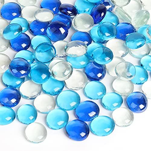 FUTUREPLUSX 1 pounds, Flat Glass Marbles, Blue Mixed Gemstone Vase Fillers Beads Decorative Glass Pebbles Floral Fish Tank Rocks for Vases Table Scatter Aquarium Decor