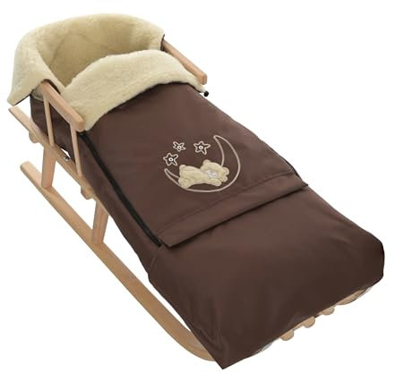 Holzschlitten Kinderschlitten aus Buchenholz Rückenlehne Zugseil + Winterfußsack Schlittensack Fußsack Braun Schlitten Kinderwagen